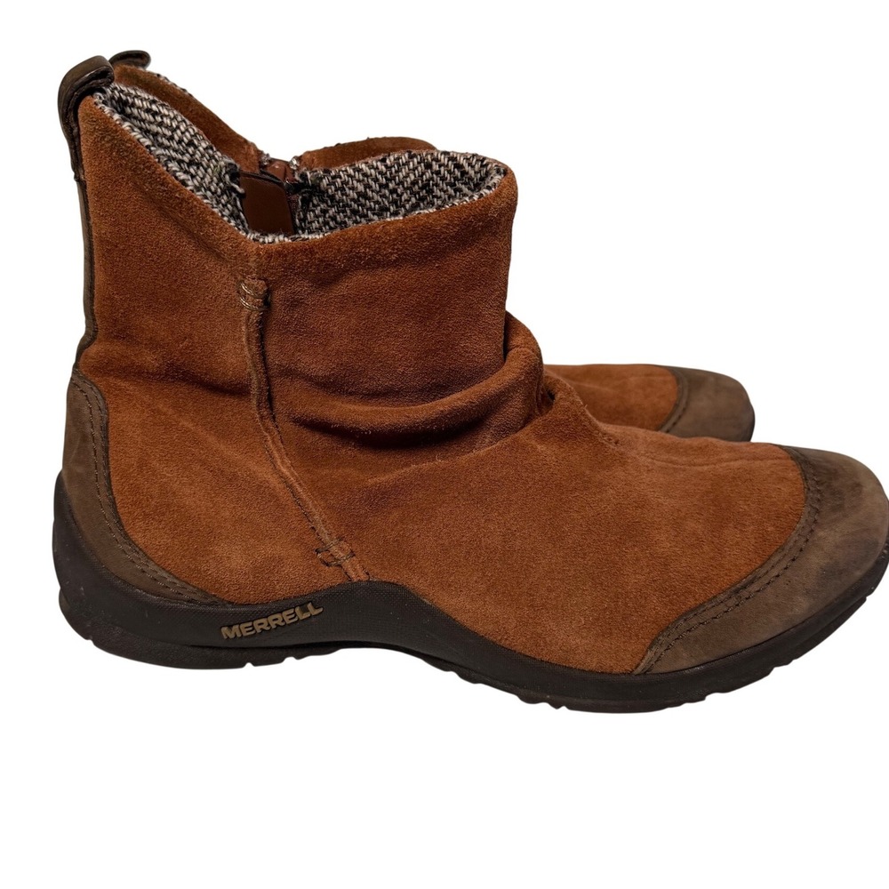 Merrell Freisa slouch Brown Suede Ankle Boots Side Zip Comfort Casual Size 7.5